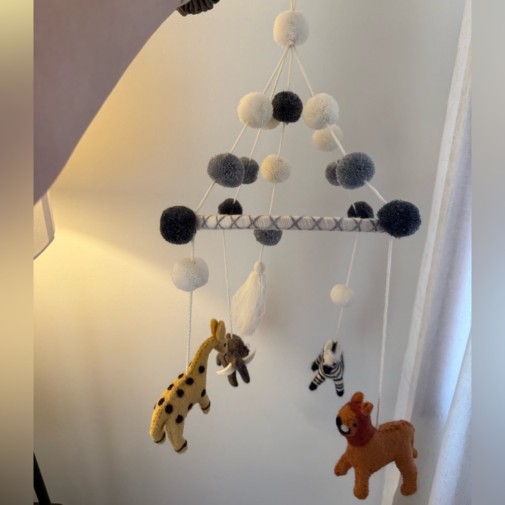 Mud Pie Gray and White Pom Pom Baby Mobile with Felt Safari Animals